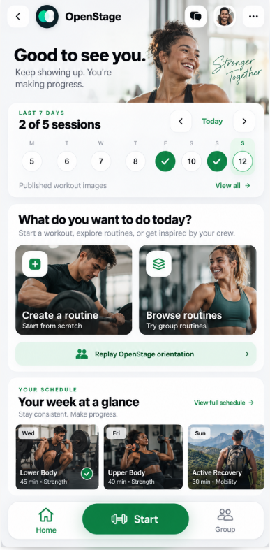 OpenStage home showing weekly sessions, routine options, and the week’s workout schedule